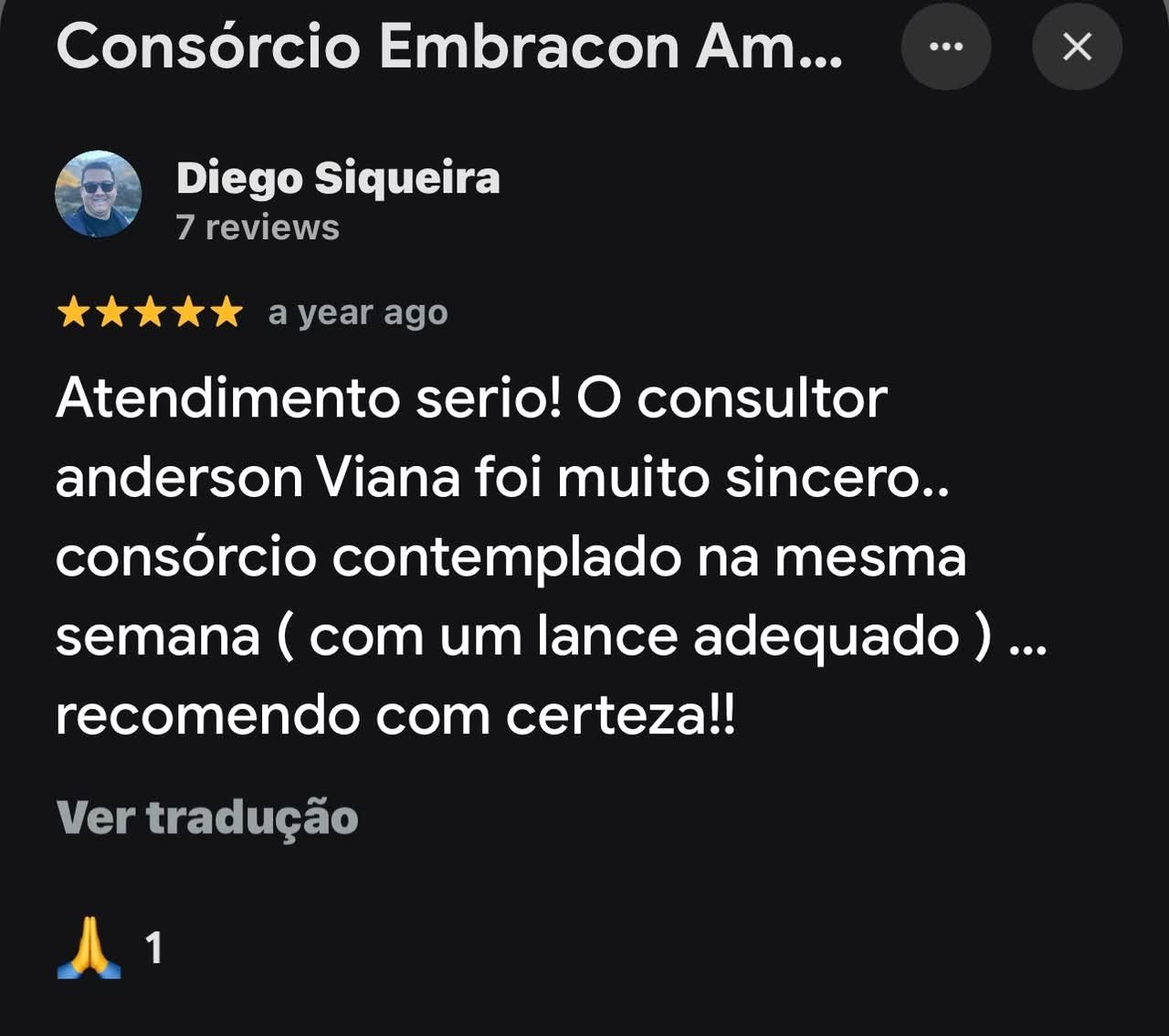 Avaliação 5 estrelas de cliente sobre o atendimento de Anderson Viana
