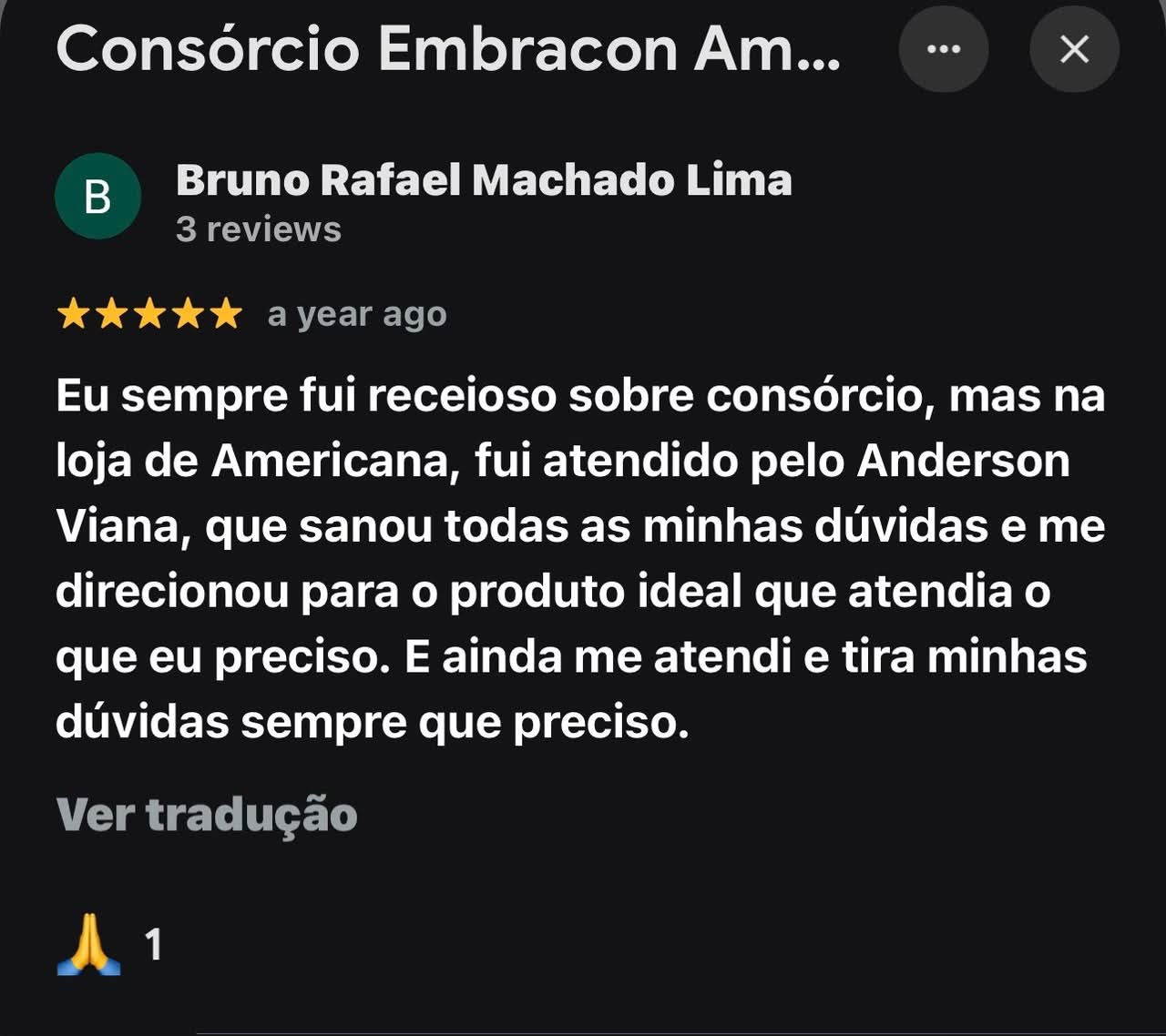 Avaliação 5 estrelas de cliente sobre o atendimento de Anderson Viana