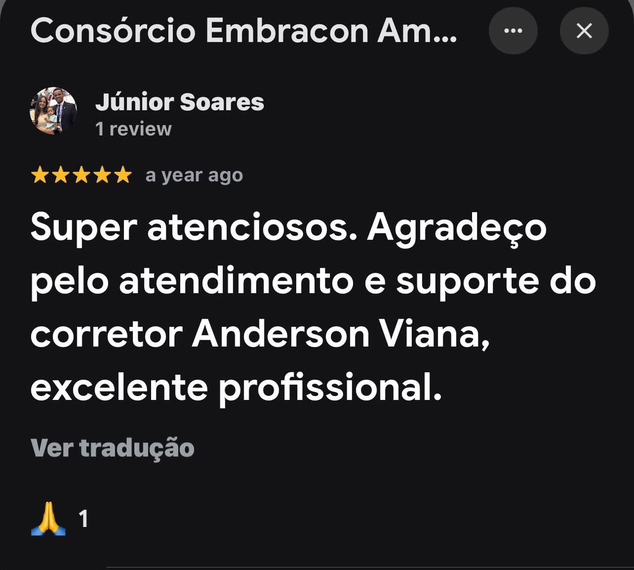 Avaliação 5 estrelas de cliente sobre o atendimento de Anderson Viana