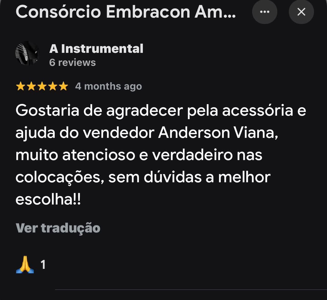 Avaliação 5 estrelas de cliente sobre o atendimento de Anderson Viana