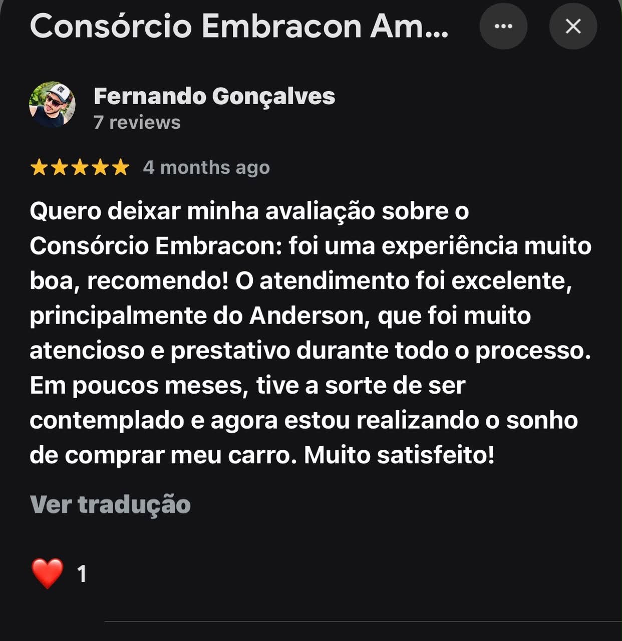 Avaliação 5 estrelas de cliente sobre o atendimento de Anderson Viana