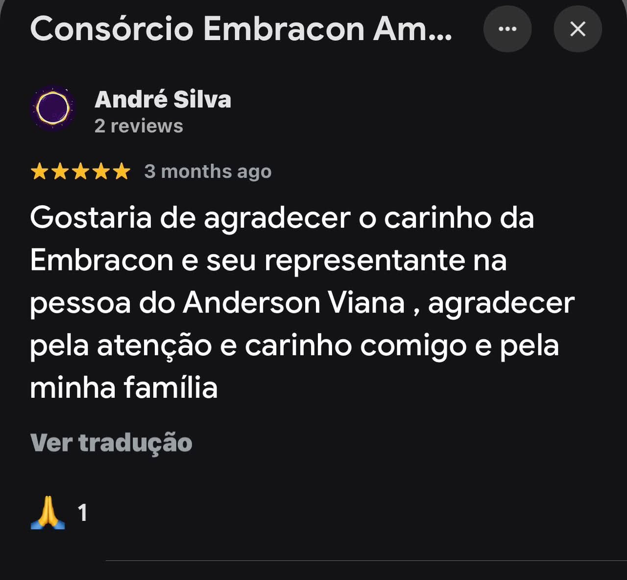 Avaliação 5 estrelas de cliente sobre o atendimento de Anderson Viana