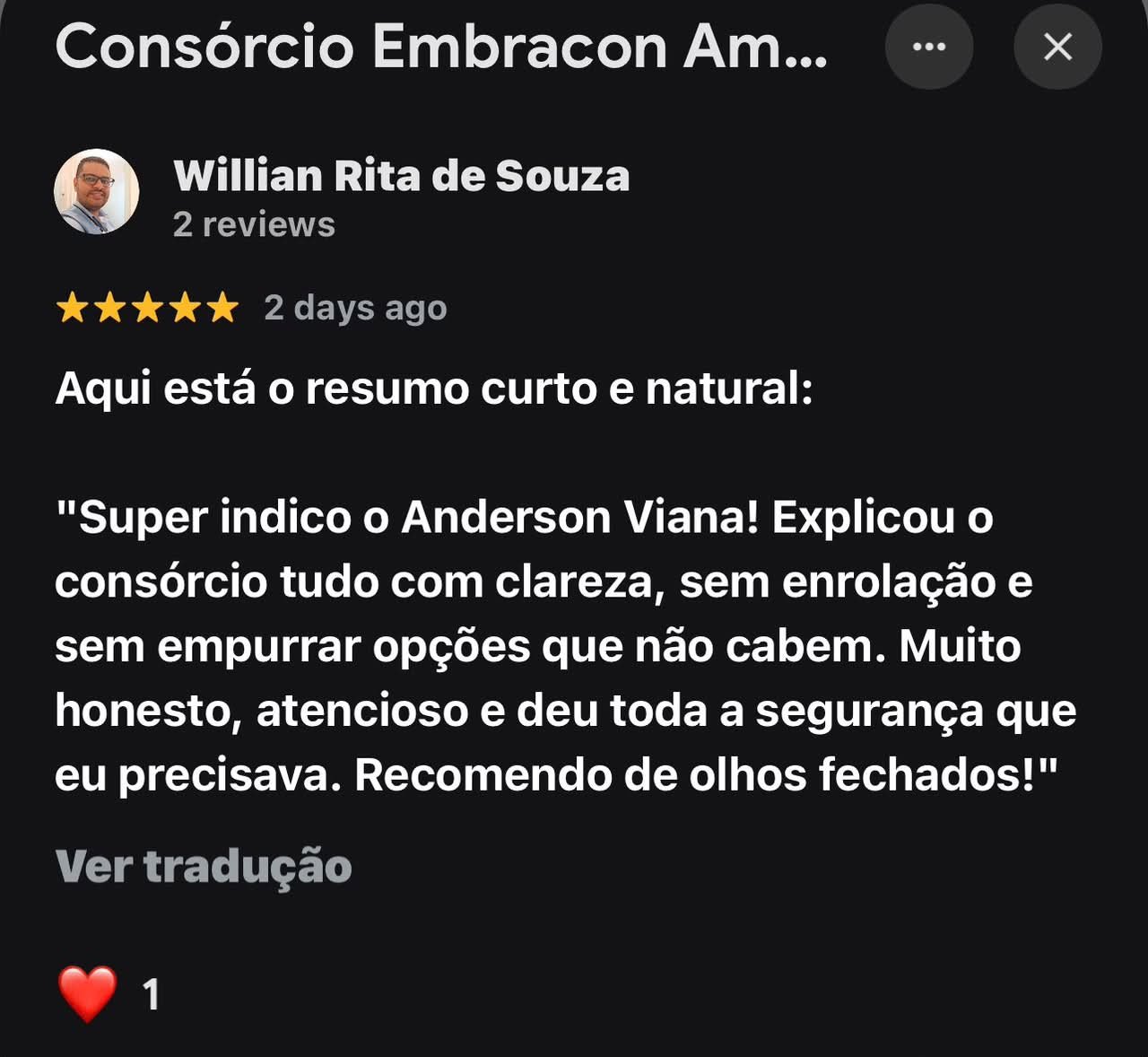 Avaliação 5 estrelas de cliente sobre o atendimento de Anderson Viana