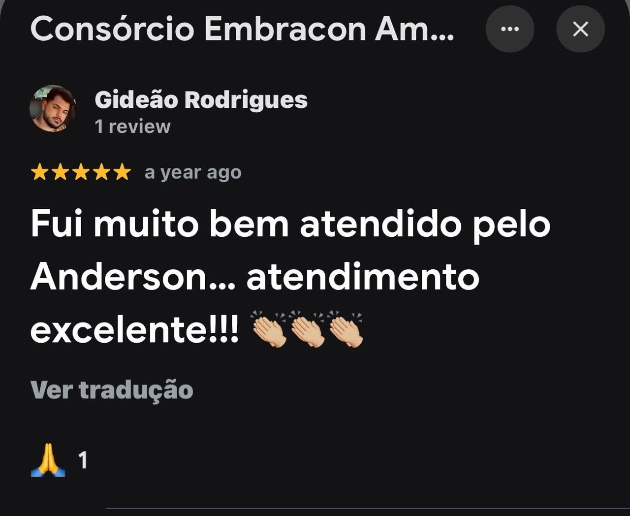 Avaliação 5 estrelas de cliente sobre o atendimento de Anderson Viana