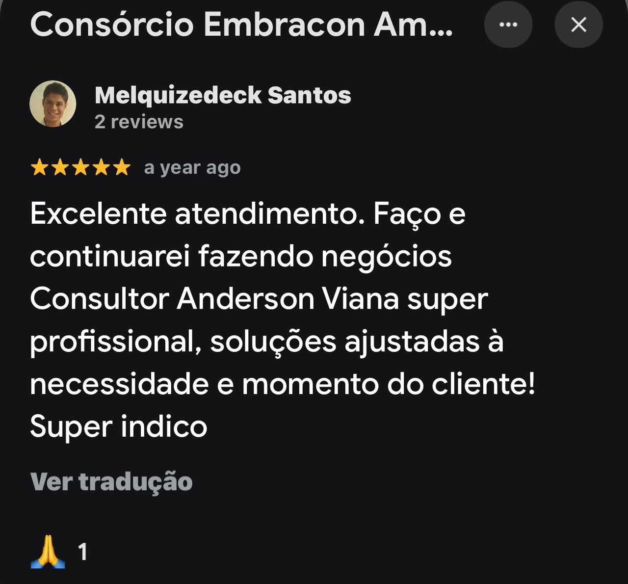 Avaliação 5 estrelas de cliente sobre o atendimento de Anderson Viana