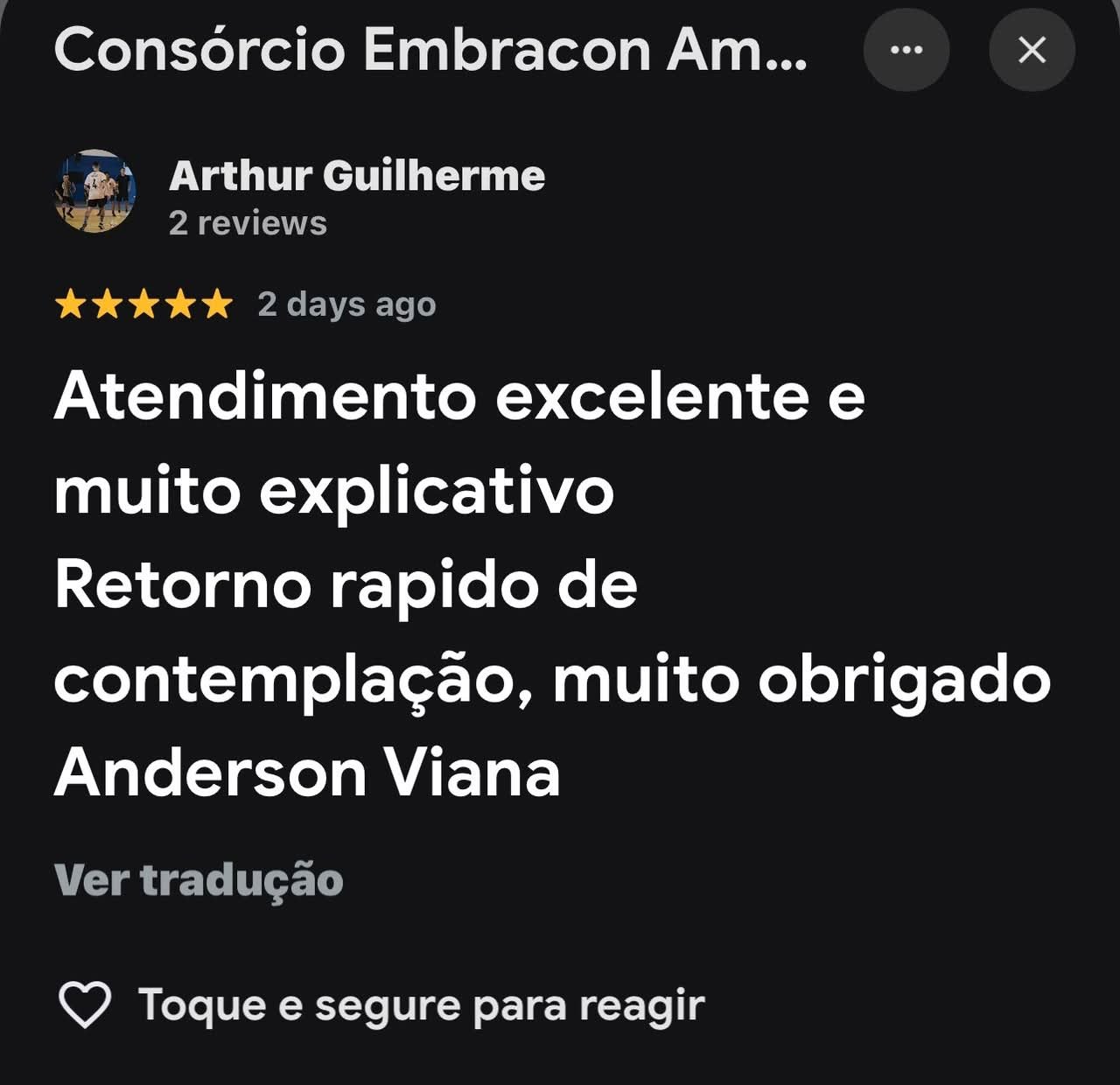 Avaliação 5 estrelas de cliente sobre o atendimento de Anderson Viana