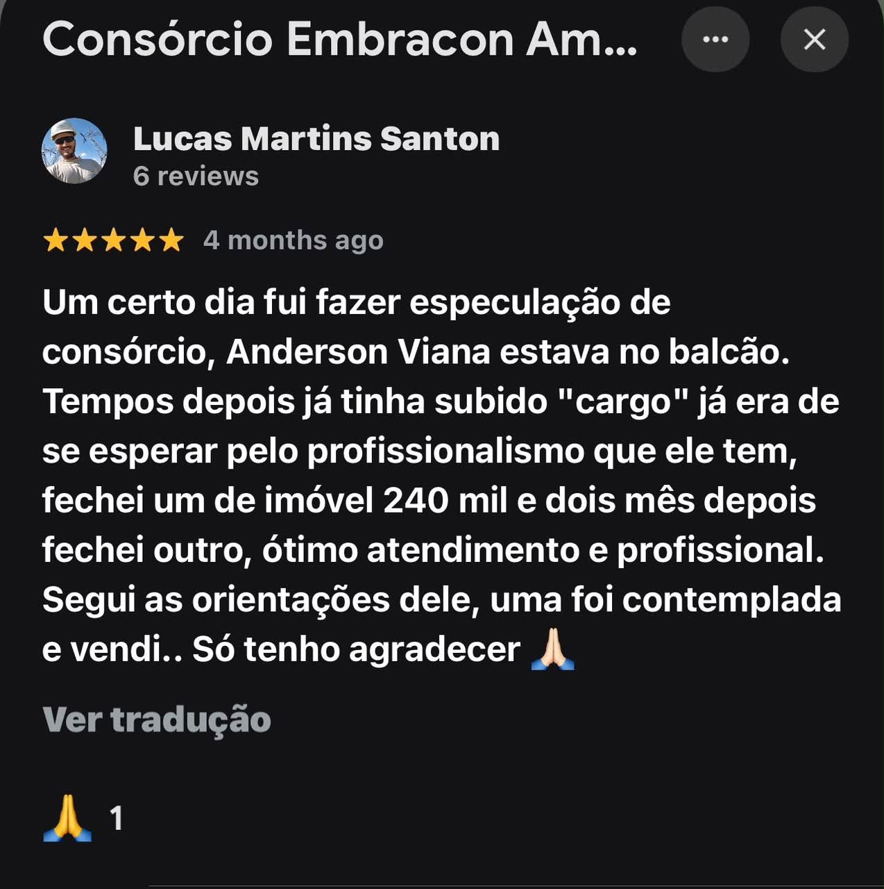 Avaliação 5 estrelas de cliente sobre o atendimento de Anderson Viana