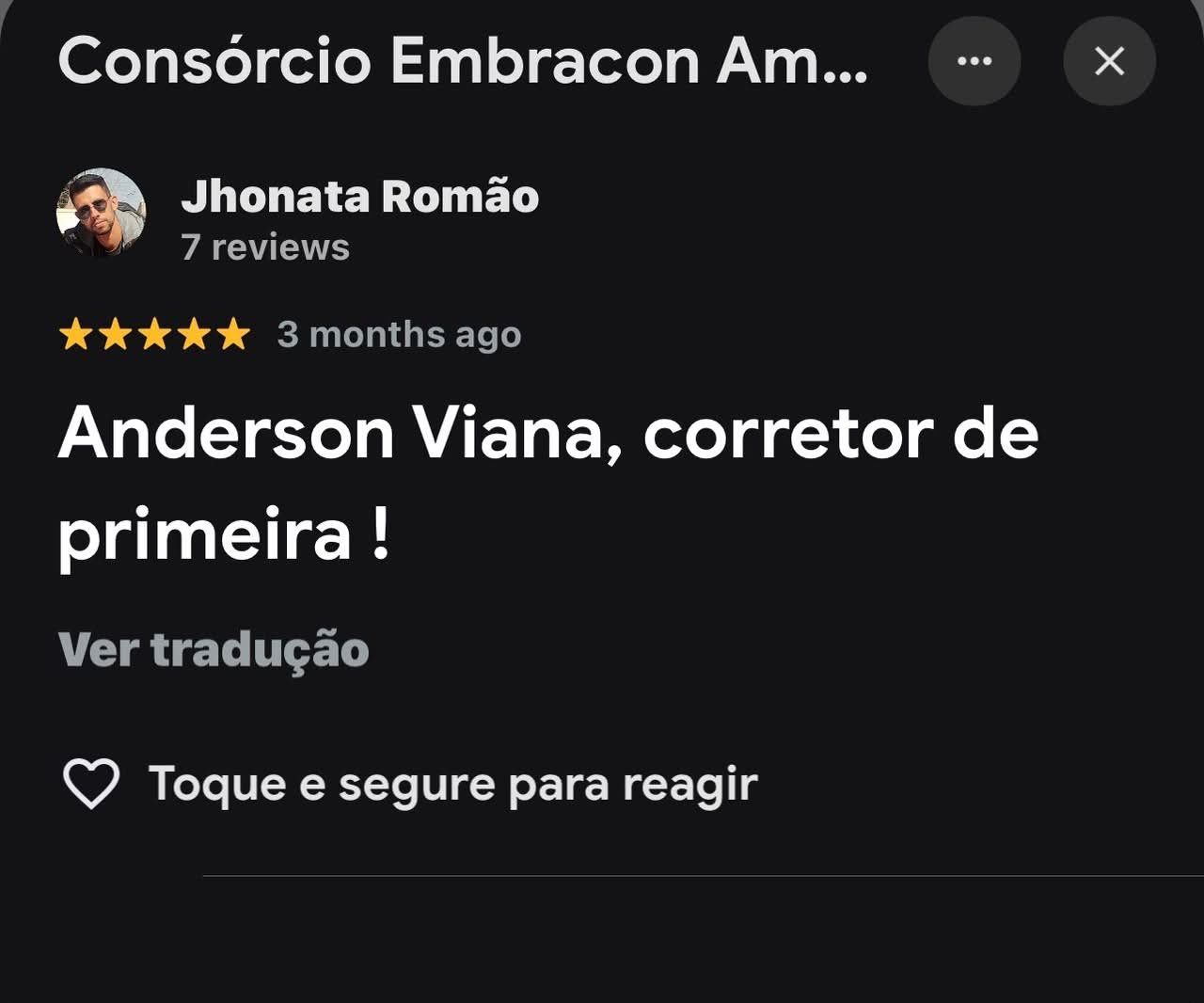 Avaliação 5 estrelas de cliente sobre o atendimento de Anderson Viana